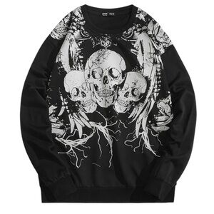 ROMWE Black and White Skull Graphic Crewneck Sweater Large